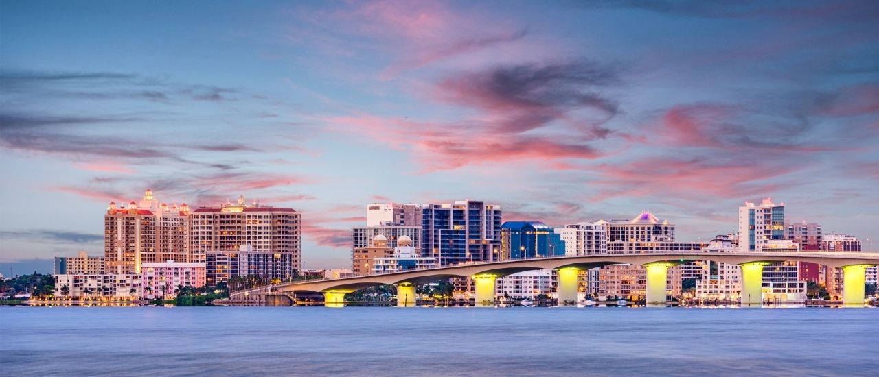 purple sky and the sarasota cityscape